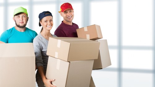 Office furniture and boxes prepared for a commercial move