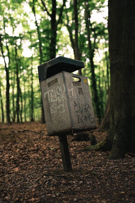 A weathered grey metal mailbox with graffiti tags and stickers, mounted on a tilted black post in a woodland area, surrounded by tall trees and green foliage. The mailbox's open top lid is visible, and it is positioned on a dirt ground covered with fallen leaves. In the background, there are blurred lush green trees and sunlight filtering through the branches, creating a natural outdoor scene. The image appears unrelated to house removals or moving services, focusing instead on an outdoor environmental setting.