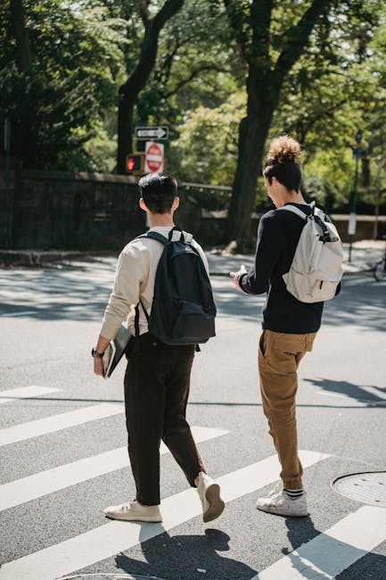 The image depicts two young men walking across a pedestrian crosswalk in an outdoor urban area, with one of them carrying a black backpack and the other a light-colored backpack. They are dressed casually in long-sleeve tops and trousers, and appear to be engaged in conversation while walking along a shaded street lined with tall trees. The setting suggests a peaceful neighbourhood or park environment, with sunlight filtering through the leaves, casting shadows on the pavement. In the background, there is a fence and traffic signage, including a 'no entry' sign and directional arrows, indicating that the area is within a city or town. This scene could represent individuals involved in a casual walk or preparing for a house move, with the focus on transportation and logistics relevant to home relocation services such as those provided by Man with Van Barnsbury, which specializes in removals and furniture transport within London neighborhoods like Barnsbury and Islington.