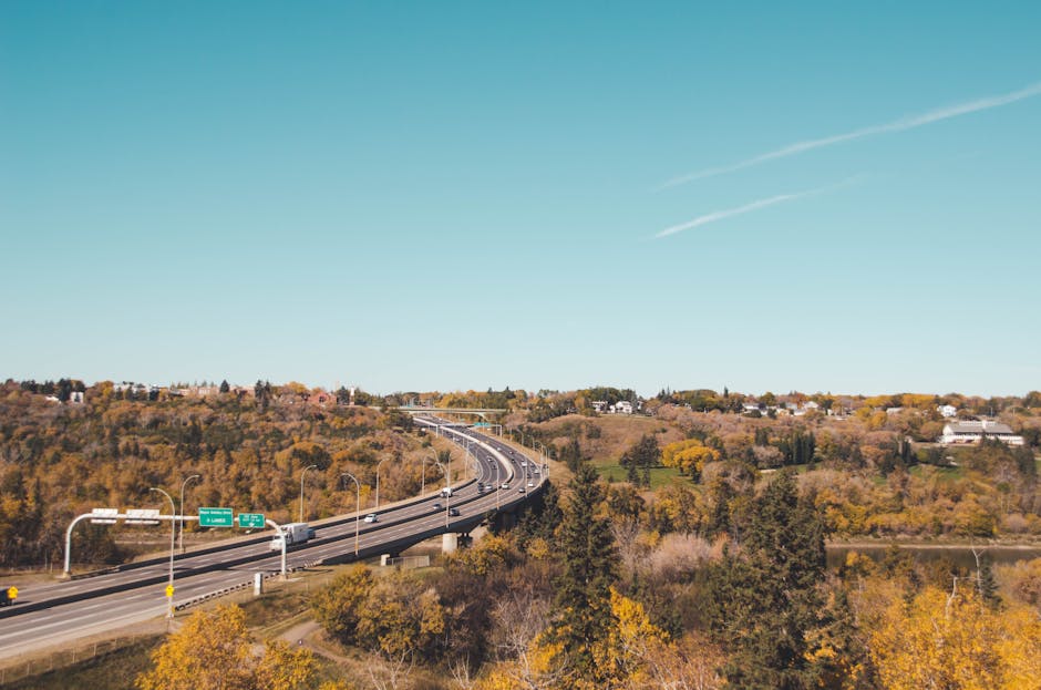 Aerial view of a highway with multiple lanes and vehicles, including cars and trucks, passing through a landscape of rolling hills covered with autumnal trees displaying yellow, orange, and green foliage. Overhead streetlights line the road, and green road signage indicates directions. The sky is clear with a few wispy clouds, and a bridge at the distance spans the hills. The scene captures a calm day suitable for home relocation or furniture transport, with the highway potentially used for moving logistics near Barnsbury, with visible surroundings indicating a suburban area. The image emphasizes the transport route options for house removals that are detailed on the Man with Van Barnsbury website under their removals service category, supporting efficient packing and loading processes in moving operations.